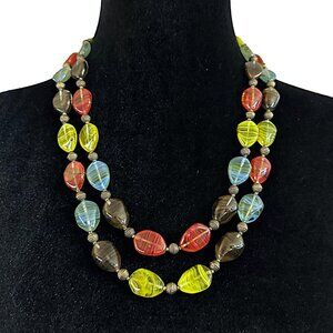 Vintage Double Strand Necklace Glass Beaded Red Blue Green